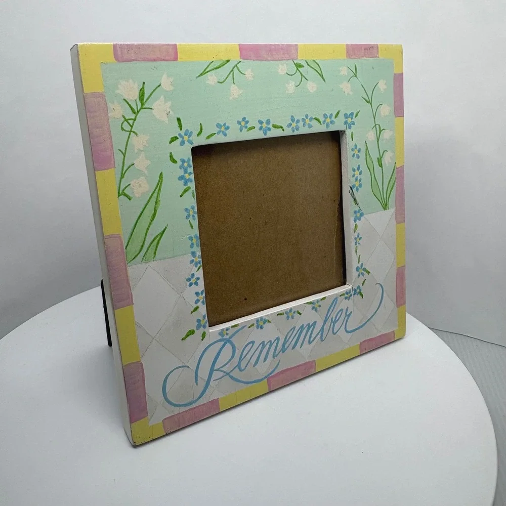 Hand Painted Wood Remember Floral Picture Frame Pastel 6x6 Elsa L Inc